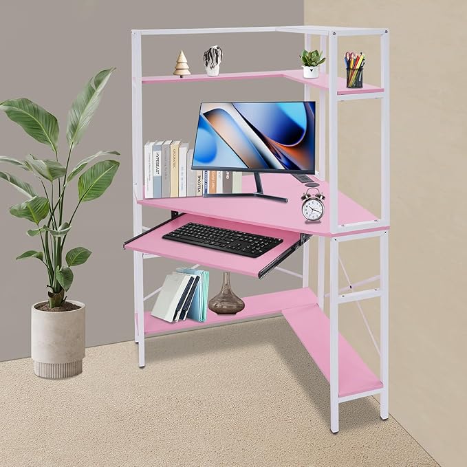 Corner Desk Triangle Corner Computer Desk with 2 USB Ports and 2 AC sockets Small Computer Desk with Hutch and LED Lights ComputerDesk for Small Space Home Office Desk Pink