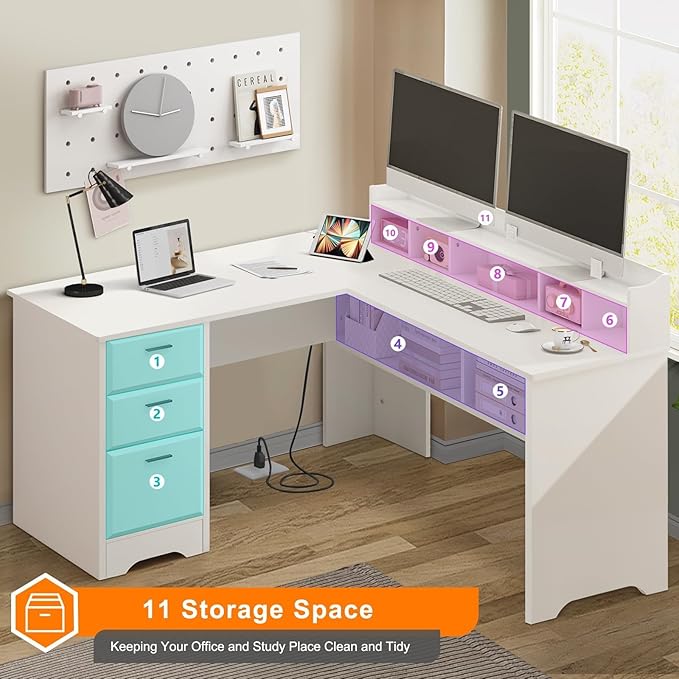 White L Shaped Desk with 3 Drawers 60 inch L Desk with Moveable Hutch and Power Outlet Large Home Office Corner Computer Desk with Storage File Cabinet