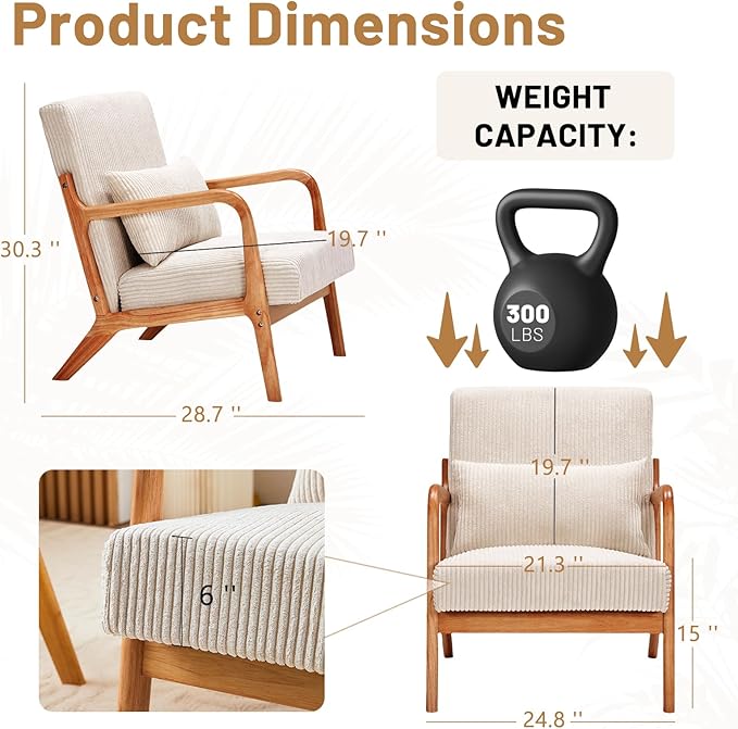 Furniliving Wooden Accent Chair Set of 2 for Living Room Upholstered Reading Chair with Sturdy Wood FrameCorduroy Lounge Armchairs for Bedroom Patio Furniture Beige