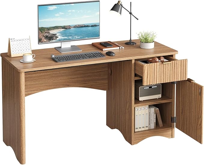 Bestier Computer Desk with Drawer 47 inch Office Desk with Storage Cabinet Modern Wood Desk Adjustable Shelves for Home Office &amp Studio Brown Oak