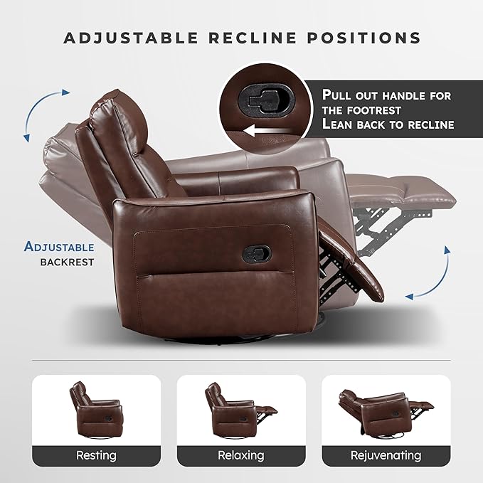 Lexicon Swivel Glider Reclining Chair Top Grain Leather Match Manual Recliner Comfy Nursery Glider Recliner Swivel Reclining Chair for Living Room/Office/Bedroom/Apartment Brown