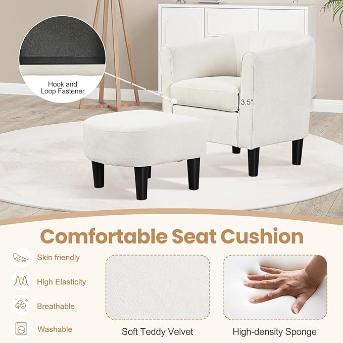 KOMFOTT Accent Chair with Ottoman Upholstered Teddy Velvet Barrel Chair with Footrest Comfy Club Sofa with Curved Backrest Thick Seat Cushion Modern Arm Chair for Living Room Bedroom Beige