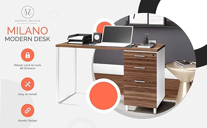 Modern Design Milano Office Desk with 3 Locking Drawers 48 Inch White and Walnut Industrial Wood Desk with Filing Drawer and Storage by Crafts and Comfort