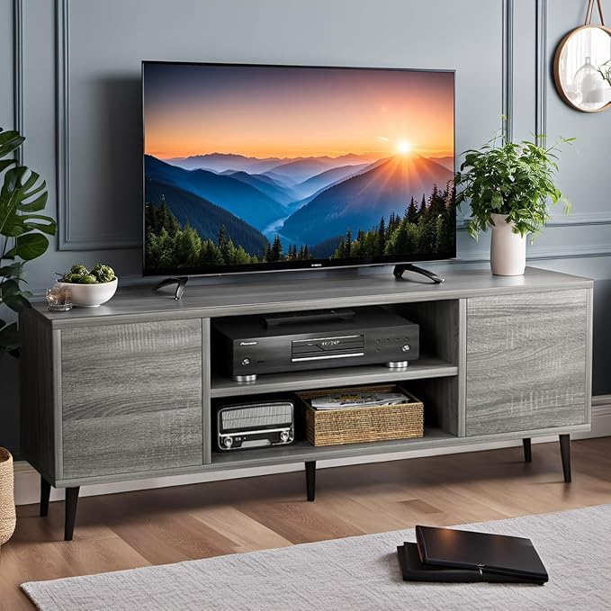 YESHOMY Modern TV Stand for 65 Television Entertainment Center with Two Storage Cabinets Retro Style Media Console for Living Room Bedroom Office 58 Inch Light Gray