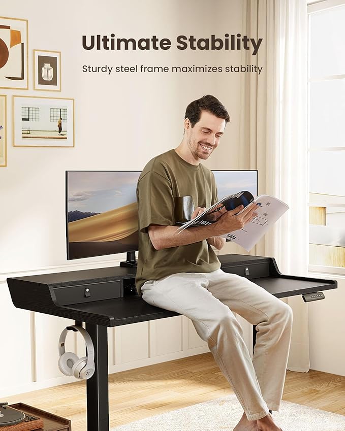 ErGear Electric Standing Desk with Drawers 48″ x 24″ Gaming Table Compatible Monitor Stand Stand up Desks Home Office Height-Adjustable Desk with Storage Shelf 4 Preset Heights Black