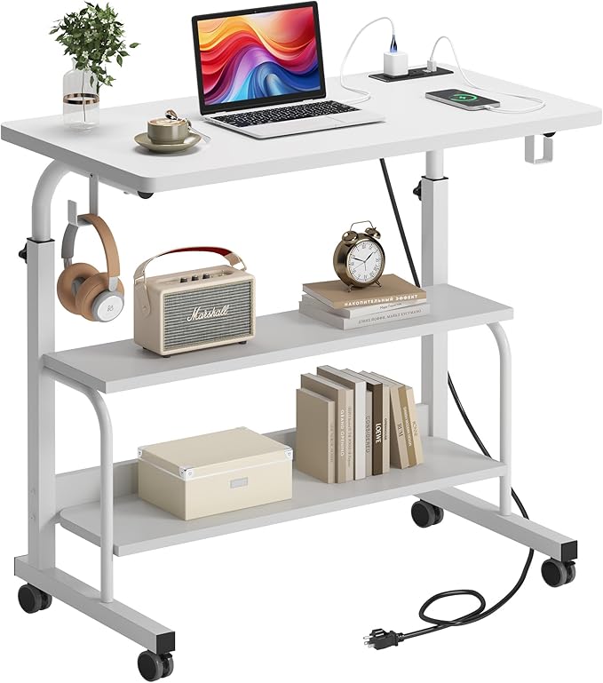 soges Height Adjustable Desk with Charging Station Mobile Computer Workstation with 2 Storage Shelves Small Rolling Desk on Wheels for Home Office White