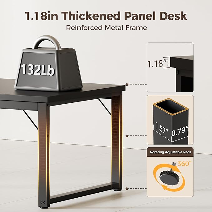 Mericonia 54 Inch Computer Desk with Power Outlets 1.2 Thick Heavy Duty Industrial Office Desk Modern Simple Study Writing Table for Home Office Bedroom Workstation Black