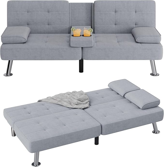 Flamaker Futon Sofa Bed Modern Folding Futon Set Linen Fabric Convertible Recliner Lounge for Living Room with 2 Cup Holders Removable Armrests (Fabric Light Grey)