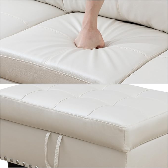 Sectional Couches for Living Room with Ottoman Modern Leather 4 Seat L Shaped Couch with Cup Holder Living Room Furniture Sets for Office Bedroom White