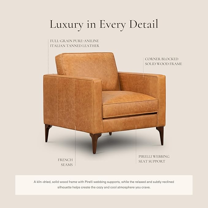 Poly &amp BARK Mateo Leather Lounge Chair – Cognac Tan Full-Grain Leather Upholstery – Modern Upholstered Accent Chair for Living Room or Bedroom – Indoor Lounge Seating with Timeless Comfort