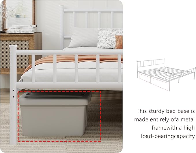 Metal Platform Full Bed Frame with Headboard Sturdy Steel Slats Support No Box Spring Needed Easy Assembly White