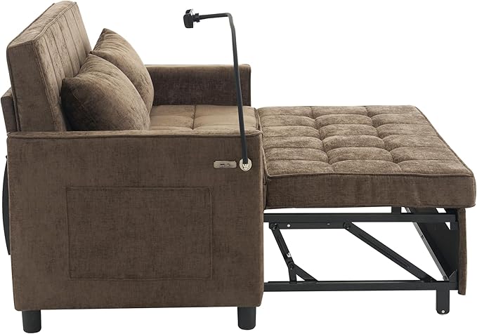 56.9 Loveseat Pull-Out Sofa Bed Chenille Sleeper Sofa Couch with a Reversible Backrest Cushion Side Pockets Two USB Ports and a Phone Holder for Living Room (Brown1)