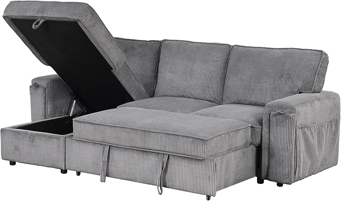 Modern Upholstered L-Shaped Convertible Corner Sofa Couch Pull-Out Sofa Bed Sleeper Sectional Sofa with Storage Bags and 2 Cup Holders on Arms for Living Room Office Apartment (Grey-2C)
