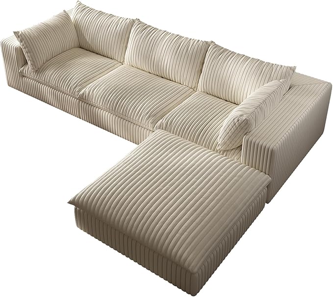 118-inch Boneless Cloud Sofa Modular Corduroy Sectional Couch with Full Foam Compression for Living Room Bedroom Apartment No Assembly Required (White 3 Seater with 1 Ottoman)