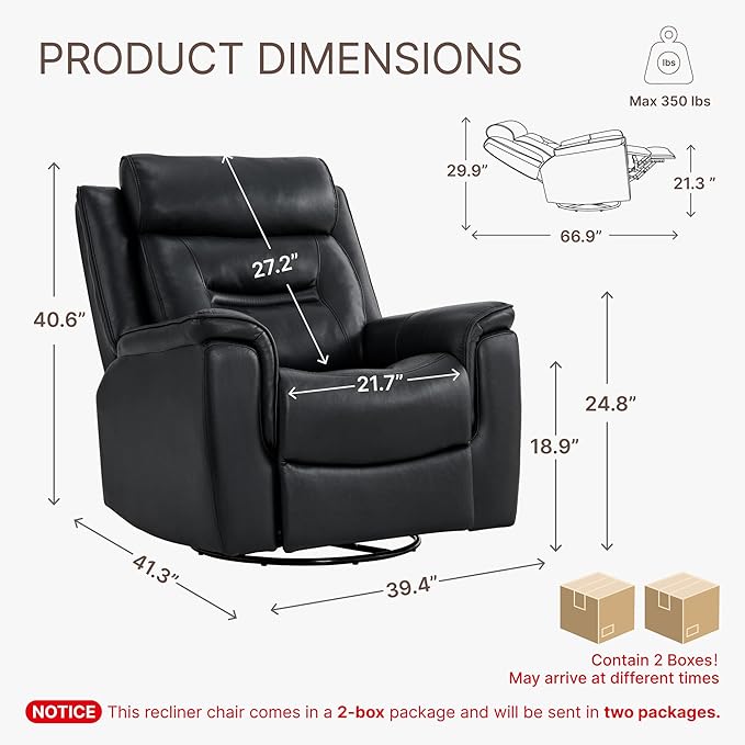 Leather Recliner Chair 360° Swivel Rocker for Adults Manual Rocking Reclining Chair with Adjustable Backrest Footrest for Living Room Bedroom Home Theater Seating