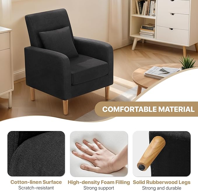 MoNiBloom Accent Chair with Back Pillow Upholstered Club Arm Chair Modern Living Room Chair with Wooden Legs for Bedroom Corner Living Room Reading Nook Black