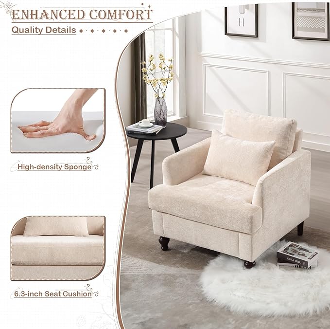 KINFFICT Modern Accent Chair for Living Room Upholstered Single Sofa Chair with Lumbar Pillow Comfy Armchair with Thickened Cushion Living Room Chairs for Bedroom Office Beige Chenille