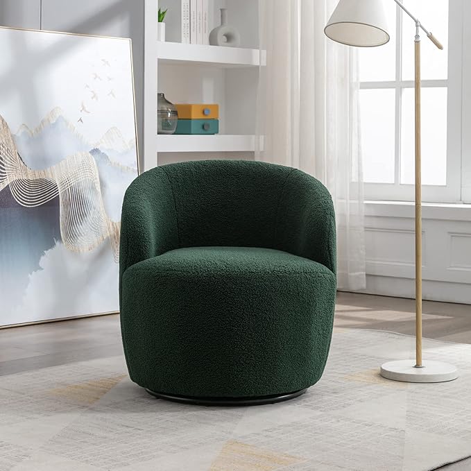 KIVENJAJA Swivel Barrel Chair Teddy Sherpa Upholstered Modern Round Accent Arm Chairs Boucle 360 Degree Swivel Small Single Sofa Armchair for Nursery Living Room Bedroom (Teddy Green)