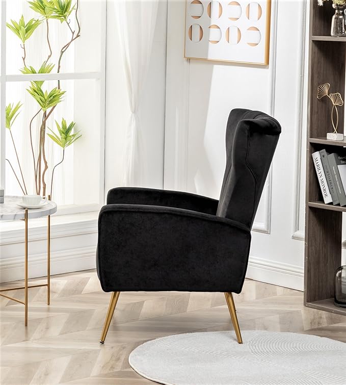 Modern Velvet Accent Chair Channel Tufted Bedroom Office or Living Room Furniture with Elegant Metal Legs 26 Wide Armchair Black