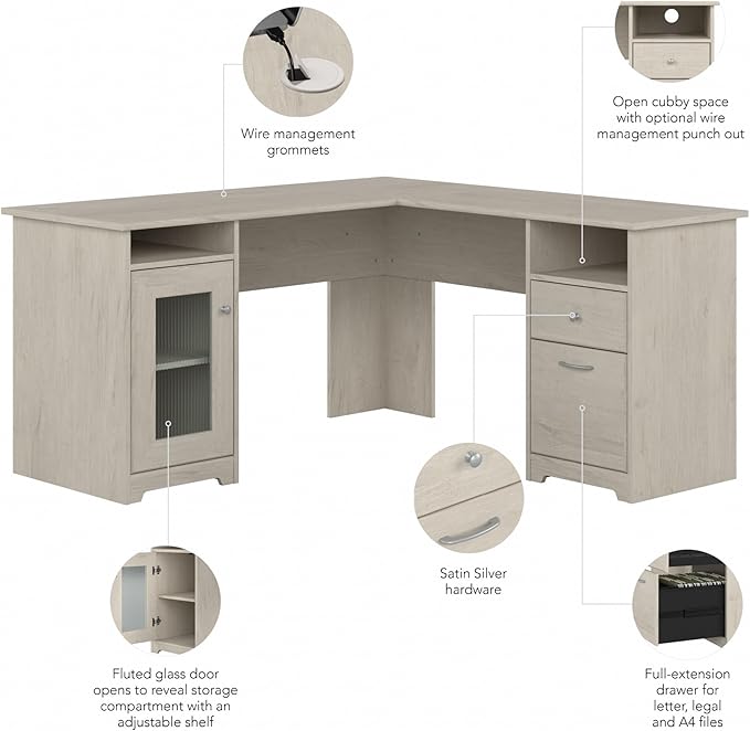 Bush Home Cabot 60W L Shaped Computer Desk with Storage in Linen White Oak 60-inch Corner Table with Drawers for Home Office Workspace