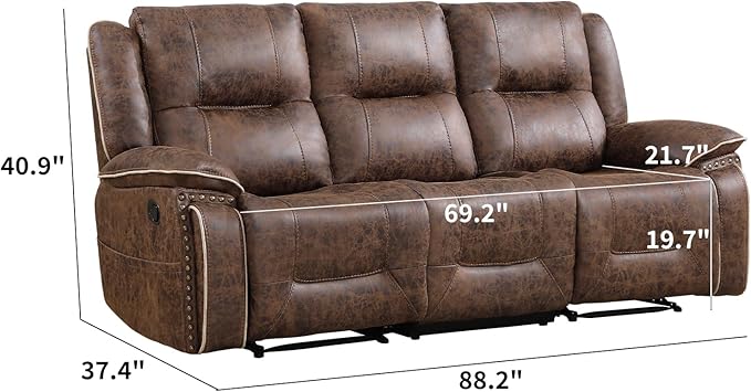 EBELLO Faux Leather Manual Recliner 3 Seater Reclining Sofa Chair 3 Seat Sofa Couch with Hidden Cup Holders Vintage Rivet Mid-Century Design for Living Room Meeting Room Brown