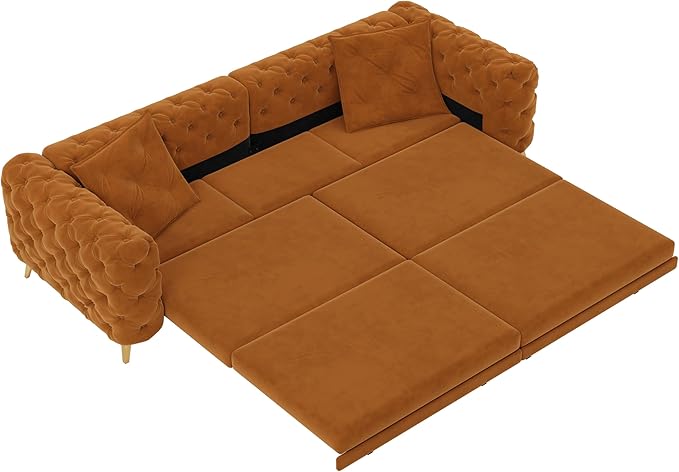 97.7 King Pull Out Sofa Bed Velvet Chesterfield Sleeper Sofa Couch 3 in 1 Convertible Tufted Futon Couches with Ottoman for Living Room Small Space Apartment Office Bedroom Orange