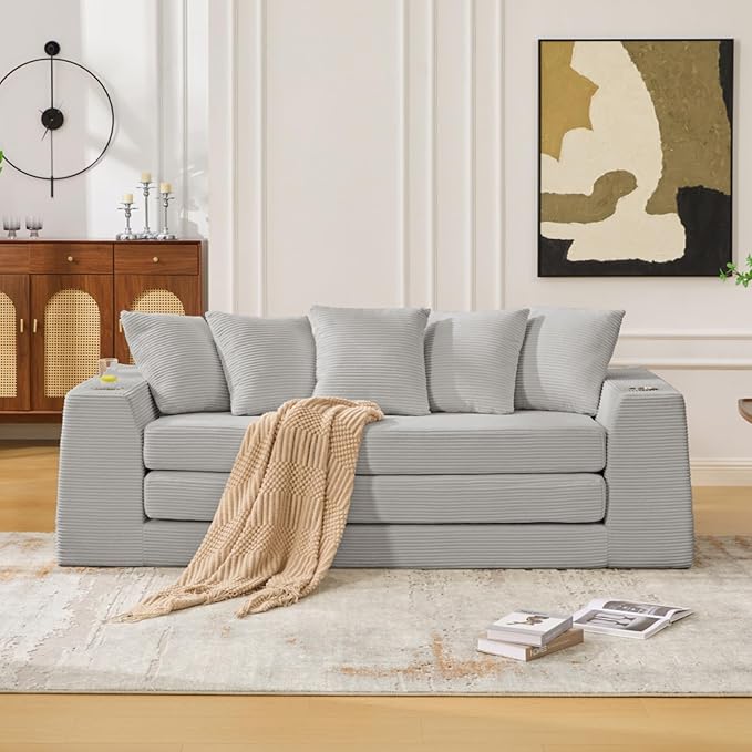 82.25 Convertible Loveseat Sleeper Sofa Bed with Side Pocket 2 in 1 Corduroy Pull Out Bed with 5 Pillows Boneless Couch with 2 Cup Holders and Wide Armrest No Assembly Light Gray