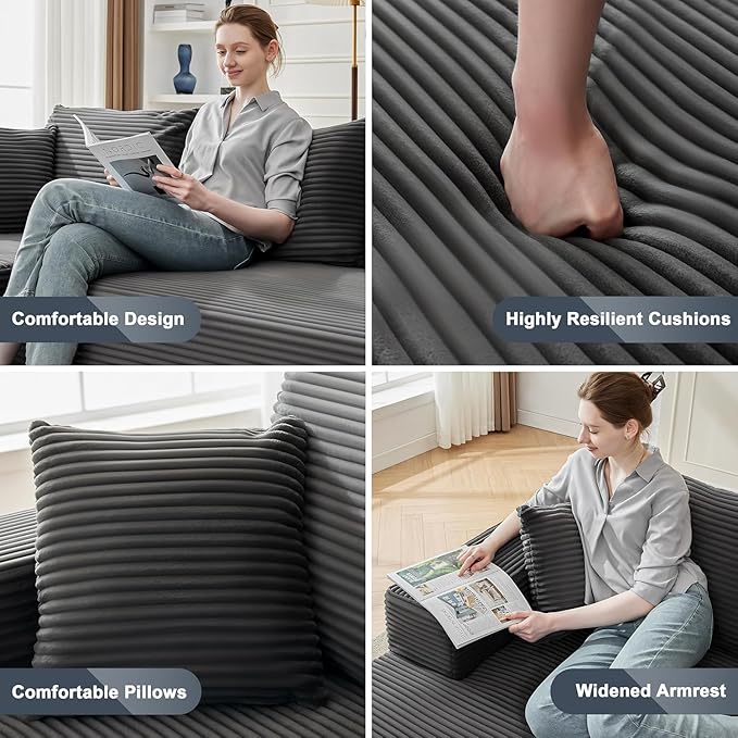 104'' Corduroy Boneless Couch for Living Room Modular Cloud Sectional Couches with Deep Seat Comfy Fluffy Sofas with L-Shaped ChaiseNo Assembly Required2PC Free Combination (Grey)