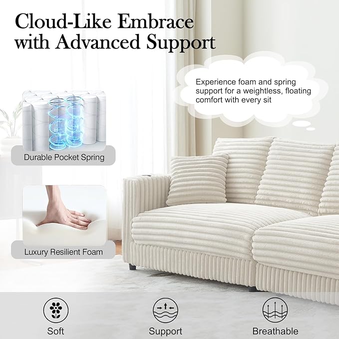 96.8'' Oversized Cloud Couch 4 Deep Seats Modular Sectional Sofa with Cup Holders &amp Storage Plush Corduroy Upholstered Memory Foam Couches for Living Room Apartment Office (Beige)