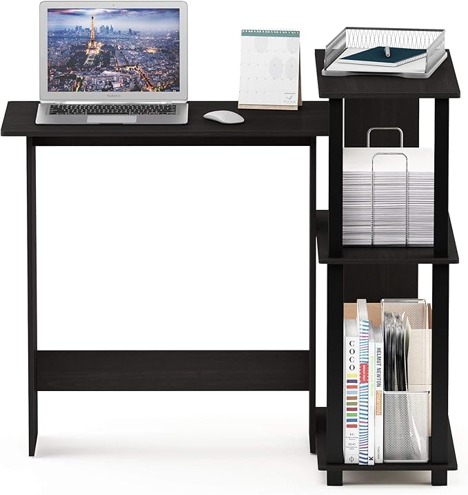 Furinno Abbott Desk 38.1 Wide L-Shaped Gaming Desk with 3-Tier Bookshelf Corner Computer Desk Office Desk for Home Office Bedroom Dark Espresso