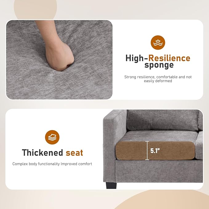 Furnimart Modern Small 3-Seater Sofa Set with Storage Ottoman Compact Couch for Small Space Chenille Fabric Solid Wood Frame Side Pocket &amp Storage Footstool Living Room Apartment(Grey)