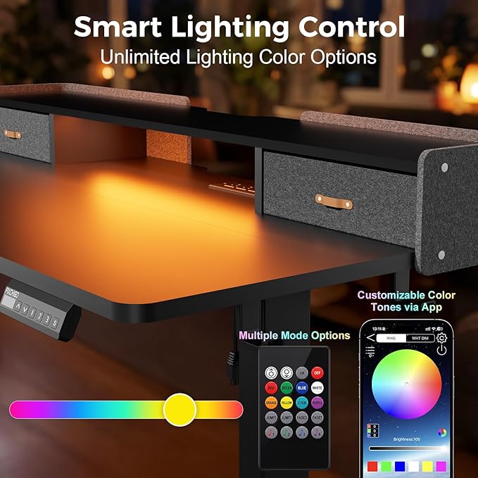 Electric Standing Desk with Drawers 55 Inch Height Adjustable Desk with Power Outlets &amp LED Lights Sit Stand Table with Monitor Stand for Home Office Black