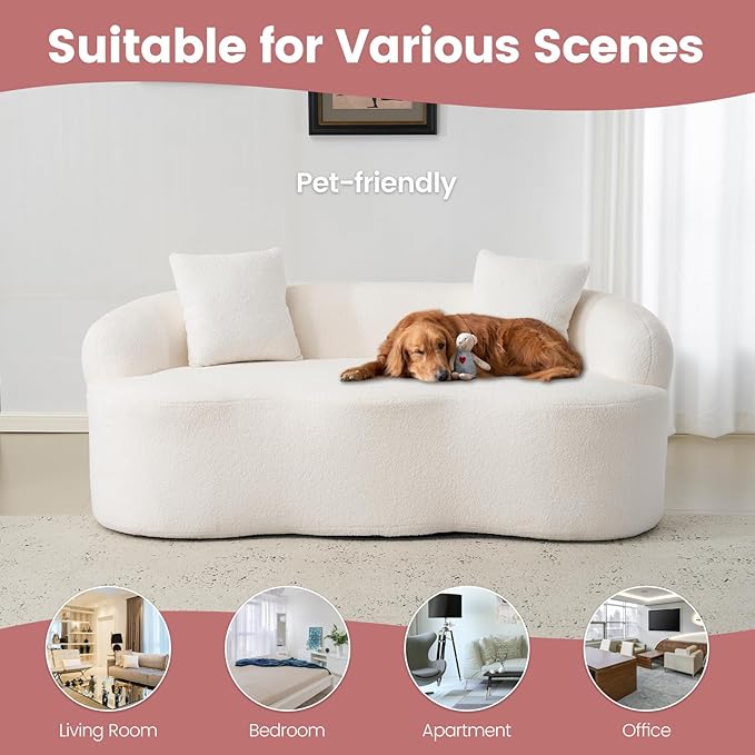 72” Curved Loveseat Sofa Modern Teddy Boneless Couch with 2 Pillows for Small Spaces Living Room Bedroom No Assembly Required (Cream White)
