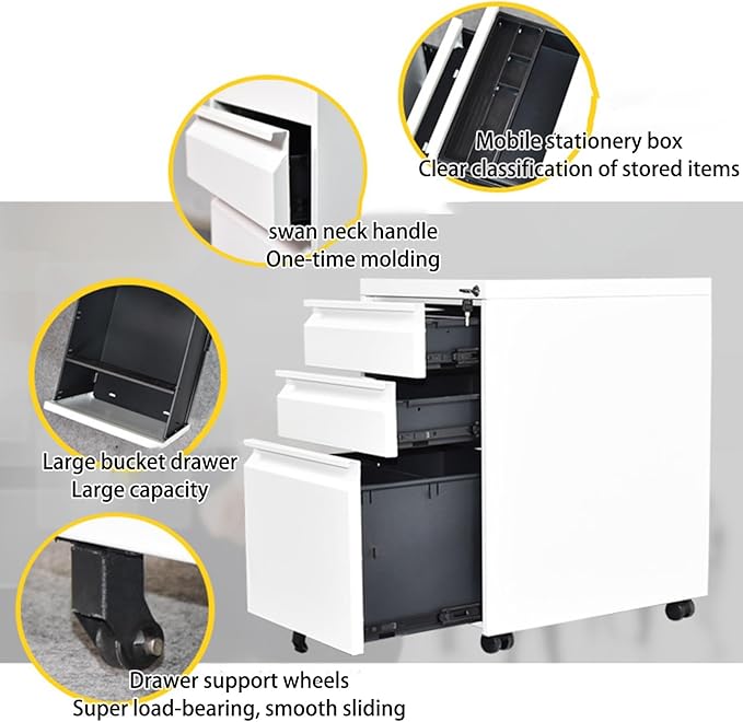 Filing Cabinets for Home Office 3 Drawer File Cabinet Rolling File Cabinet for Letter File Anti-tilt Design Office Drawer Cabinet Under with Lock Space-Saving