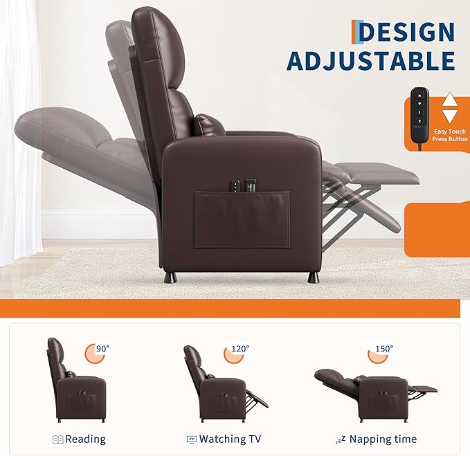 Power Recliner Chair with Heat &amp Massage Adjustable Electric PU Leather Single Sofa Ergonomic Tall-Back Padded Seat Home Theater Seating Recliner for Living Room