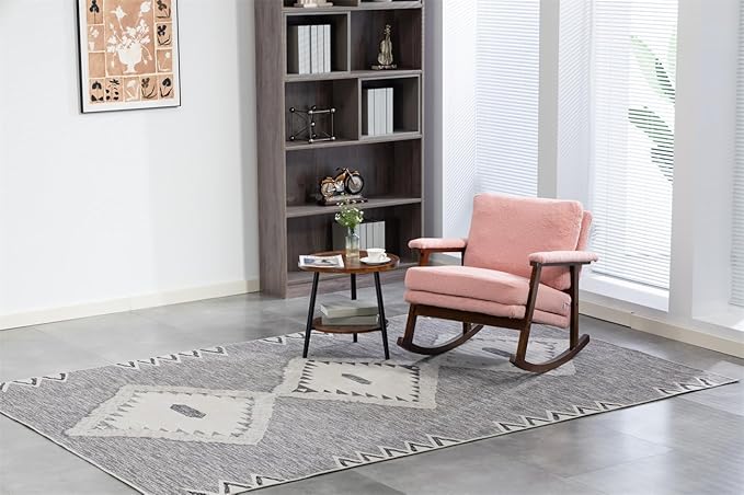 ZeHuoGe Mid Century Modern Accent Chair Rocking Chair with Wood Frame Upholstered Living Room Chairs Reading Armchair for Bedroom Sunroom (Light Pink)