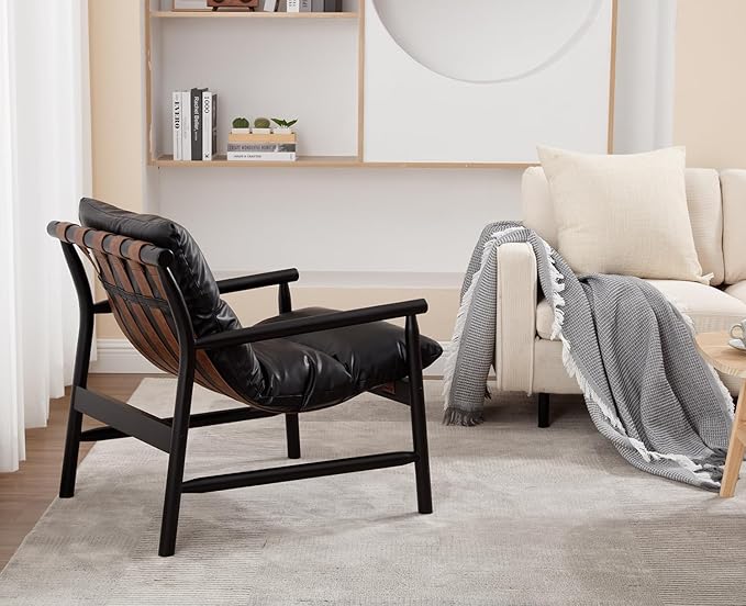 Kmax Modern Sling Accent Chair Upholstered PU Leather Living Room Chair Comfy Lounge Chair Solid Wood Frame Arm Chair for Bedroom Reading Room Black