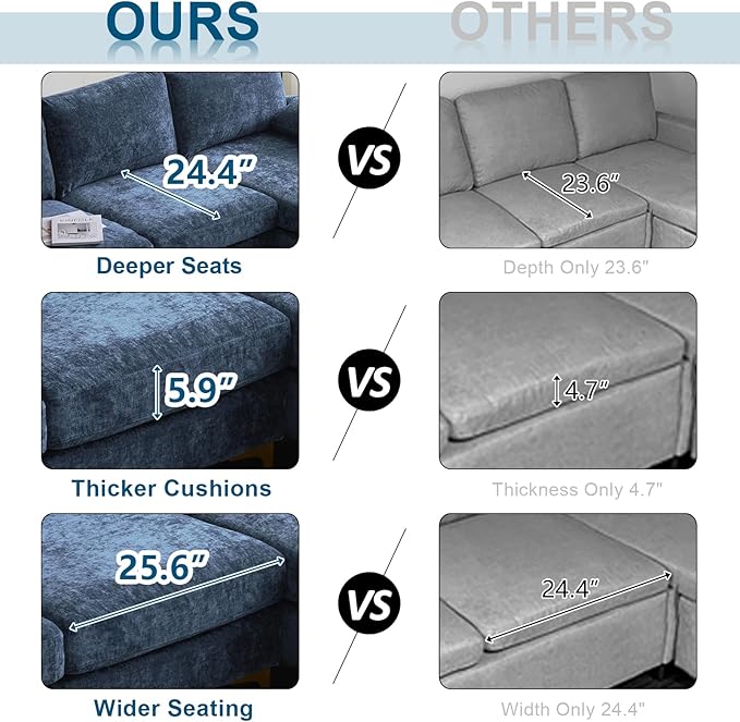 VINGLI 110 Large U-Shape Sectional Sofa Couch with 51 D Double Chaise for Living Room Modern Sectional Couch Set with Soft 5.9 Thickness Seating Padding Chenille FabricMetal Gold Legs(Blue)