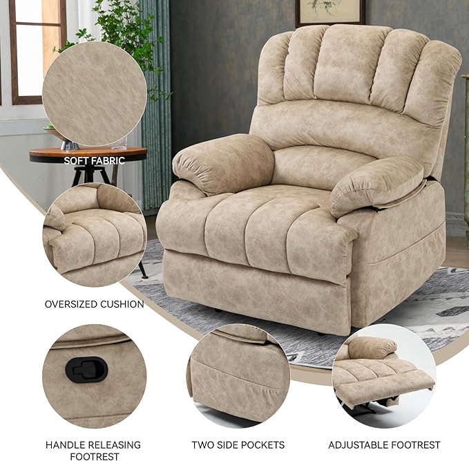 Large Manual Recliner Chair for Living Room Oversized Fabric Reclining Chair with Pillow Top Arms Cushion Back and Smooth Lever Control Heavy-Duty Metal Frame (Beige)