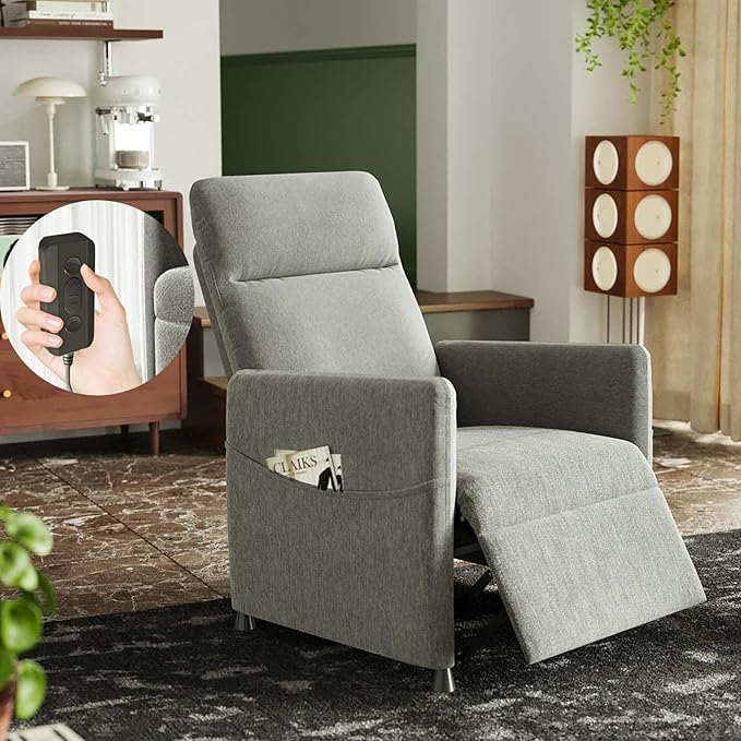 Electric Power Lift Recliner Chair for Adults Fabric Reclining Chair with Adjustable Footrest &amp Backrest Modern Home Theater with Side Pocket &amp Remote Control Space Saving (Light Grey+Fabri