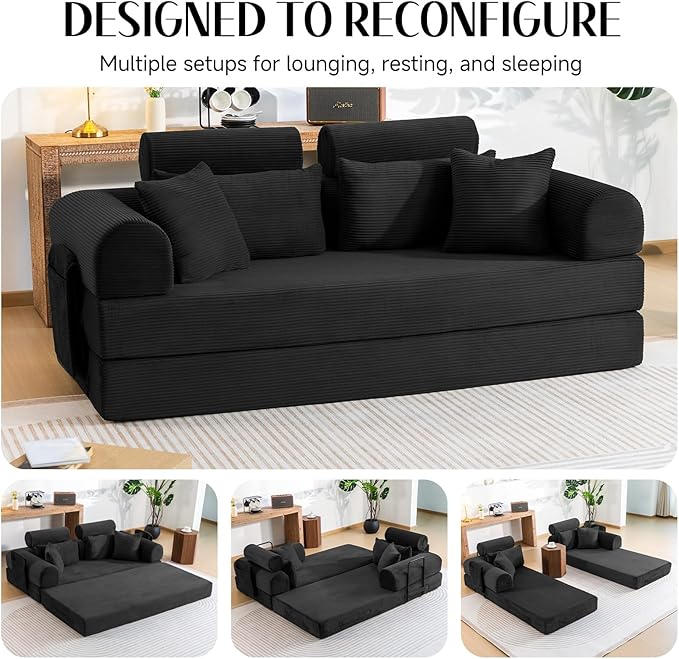 79 Corduroy Sofa Bed Sleeper Couch 6-in-1 Convertible Boneless Floor Futon Loveseat High-Density Foam Couch in a Box with 2 Headrest Pillows No Assembly Black