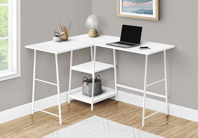 Computer Desk Home Office Corner Storage Shelves 48 l L Shape Work Laptop White Laminate White Metal Contemporary Modern