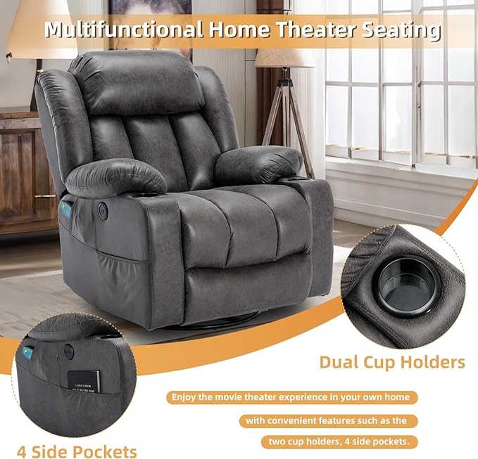 360° Swivel Glider Rocking Recliner Chair Overstuffed Manual Massage Recliner with Heat and Vibration Single Modern Sofa Home Theater Seating for Living Room USB Ports/Cup Holders (Grey)