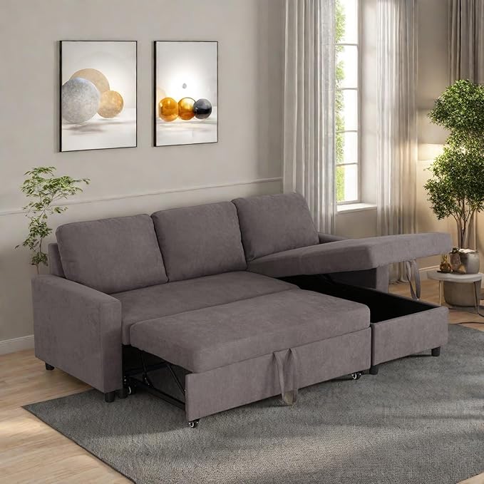 FONTOI 83 Inch L Shaped Sectional Couch with Pull Out Bed 3-Seat Sleeper Sofa with Chaise Convertible Sofa Bed for Living Room Apartment Gray