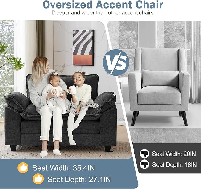 CDCASA Oversized Accent Chair Chenille Comfy Cloud Sofa Chair with Large Seat and Upholstered Armrests Modern Extra Wide Armchair Reading Chairs for Bedroom Living RoomSet of 2Black