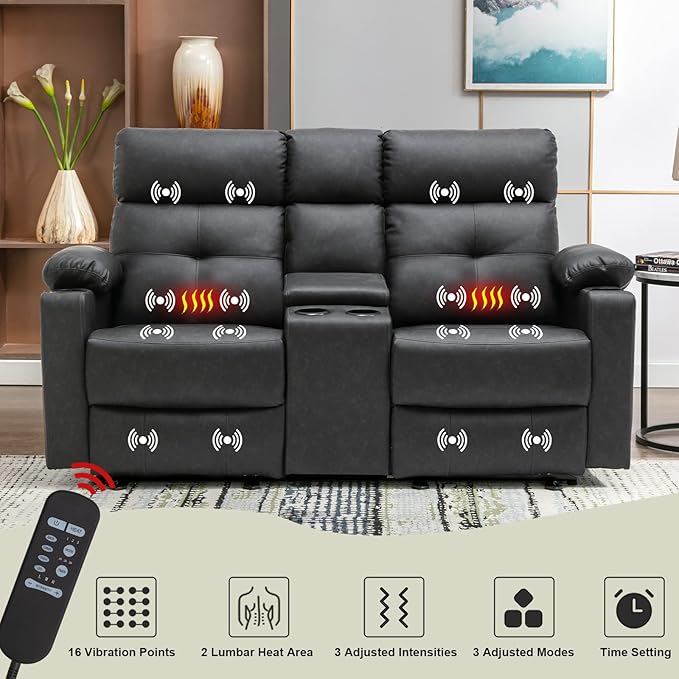 Power Reclining Loveseat with Console Power Loveseat Recliner Sofa with Heat and Massage Extended Footrest Wall Hugger RV Recliner with Cup Holders Lumbar Support for Living Room