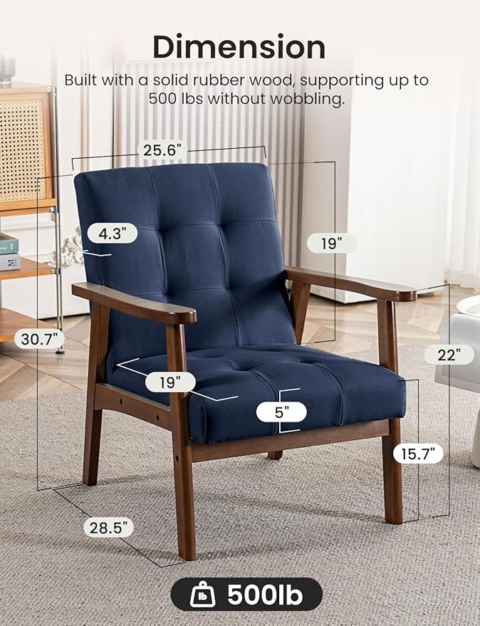 Mid Century Modern Accent Chairs for Living Room Comfy Bedroom Chairs for AdultsSmall Wide Reading Nook Arm Chair 105° Ergonomic Cozy Blue Linen Armchair with Rubber Wood