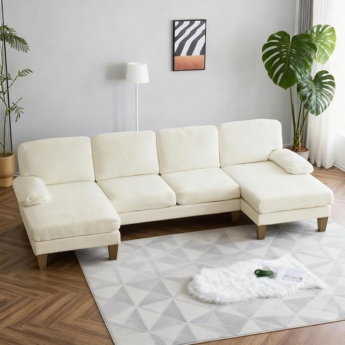 Karl home U-Shape Sectional Sofa Couch 111 Modern 4-Seat Sofa with Chaises Chenille Fabric Upholstered Covertible Couch with Wood Grain Legs for Living Room Reception Room Apartment Beige