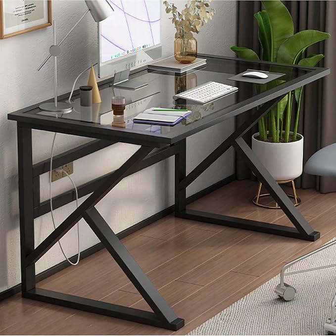 Modern Home Office Desk Tempered Glass Desk with Metal Frame and Clear Glass Tabletop Small Computer Desk for Home Office(47 Inch Black)