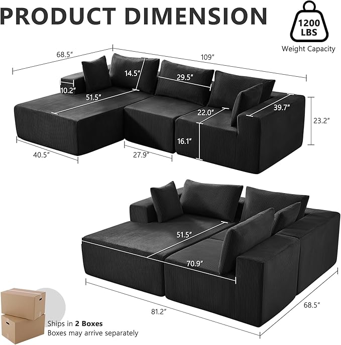 109 Cloud Sectional Couch Boneless Couches for Living Room Modular Sectional Sofa with Deep Seat L-Shape Couch with Chaise Comfy Corduroy Fluffy Modern Modular Sofa No Assembly Required Black